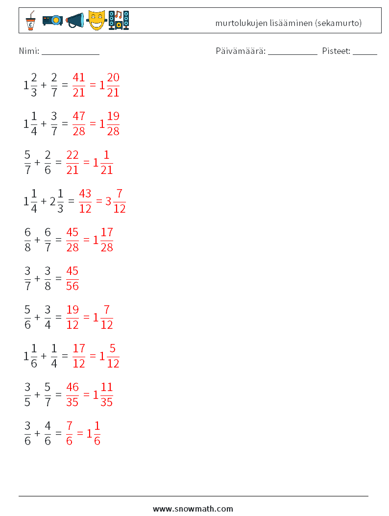 (10) murtolukujen lisääminen (sekamurto) Matematiikan laskentataulukot 4 Kysymys, vastaus