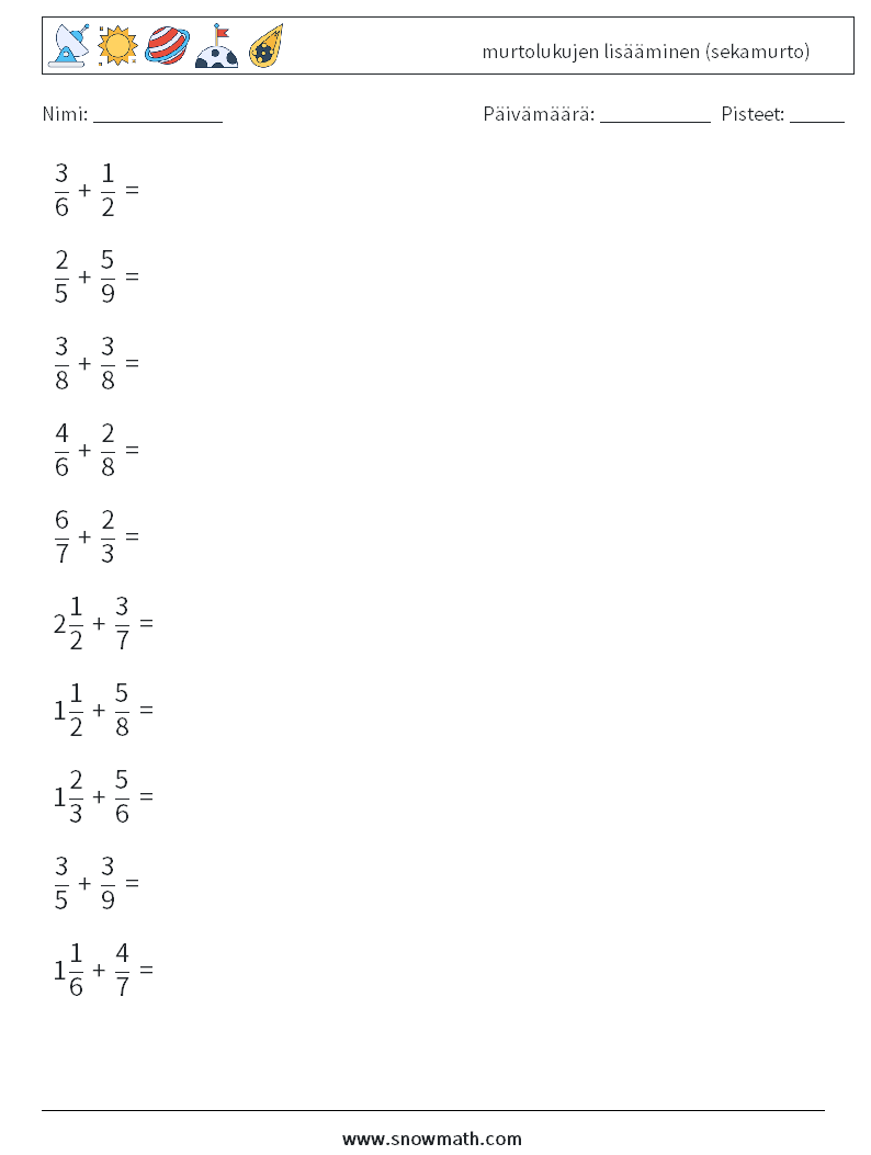 (10) murtolukujen lisääminen (sekamurto) Matematiikan laskentataulukot 5
