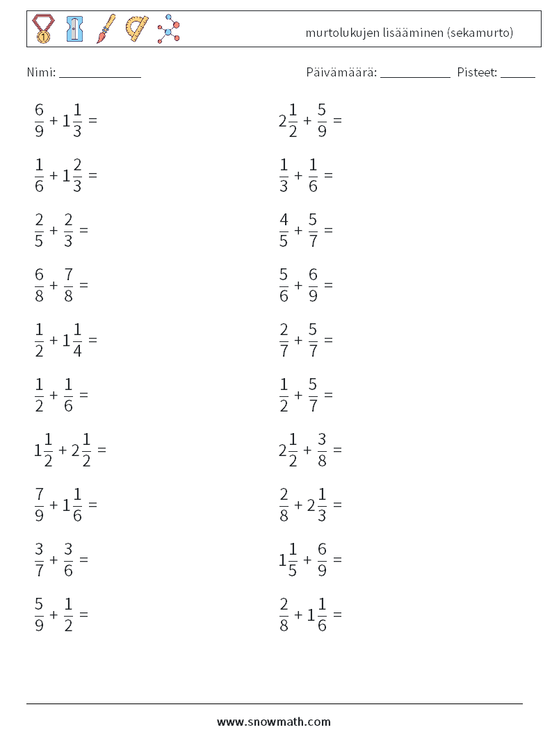 (20) murtolukujen lisääminen (sekamurto) Matematiikan laskentataulukot 10