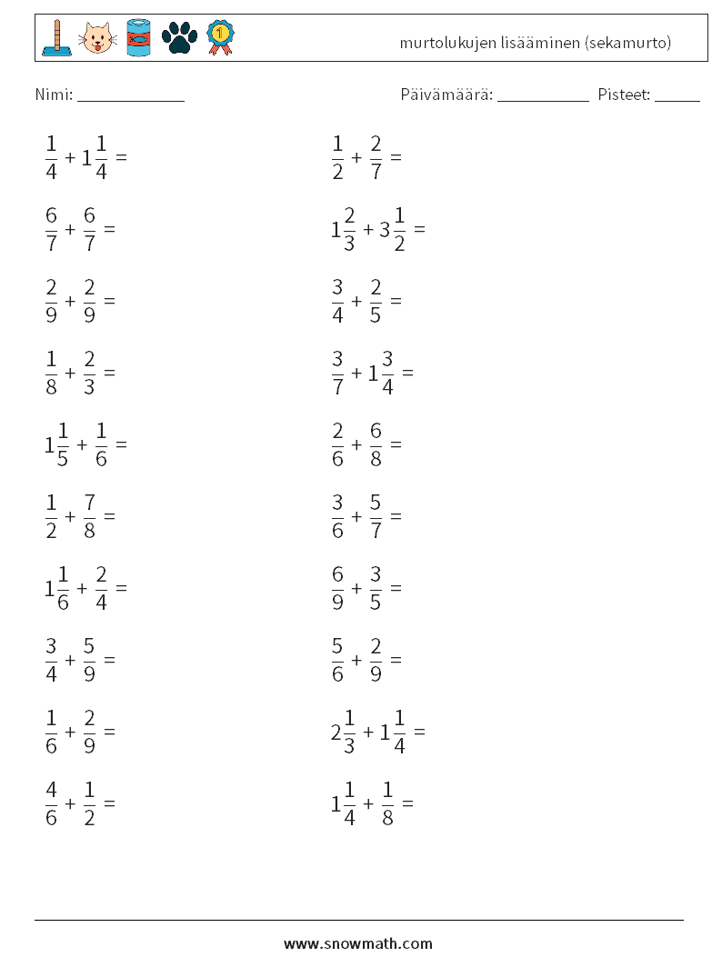 (20) murtolukujen lisääminen (sekamurto) Matematiikan laskentataulukot 11