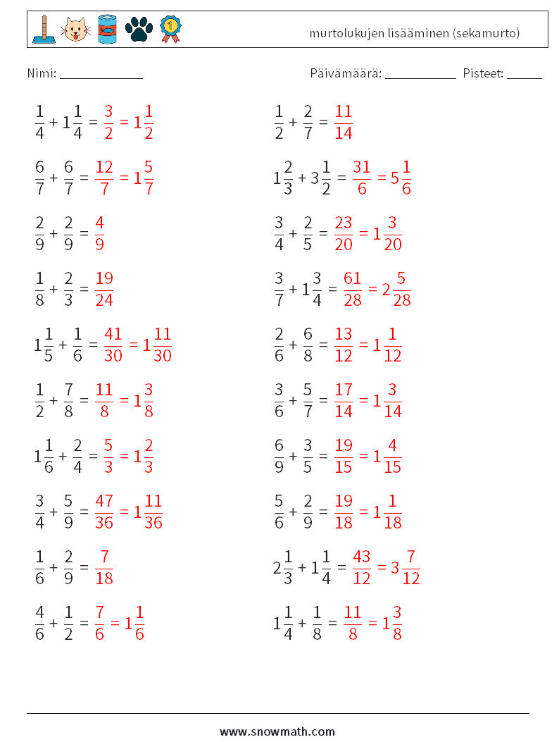 (20) murtolukujen lisääminen (sekamurto) Matematiikan laskentataulukot 11 Kysymys, vastaus