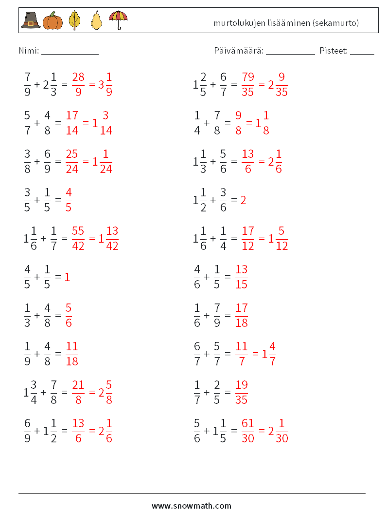 (20) murtolukujen lisääminen (sekamurto) Matematiikan laskentataulukot 12 Kysymys, vastaus