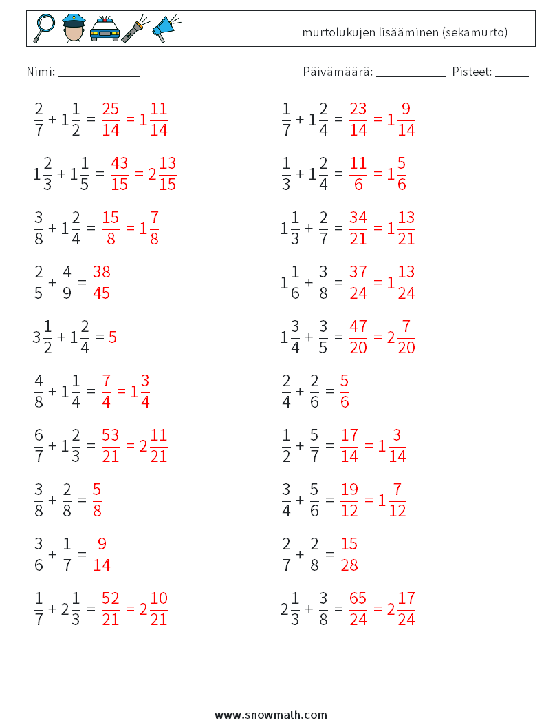 (20) murtolukujen lisääminen (sekamurto) Matematiikan laskentataulukot 13 Kysymys, vastaus