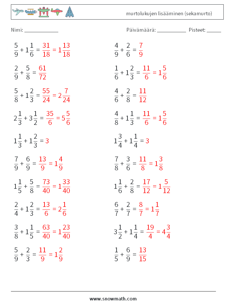 (20) murtolukujen lisääminen (sekamurto) Matematiikan laskentataulukot 14 Kysymys, vastaus
