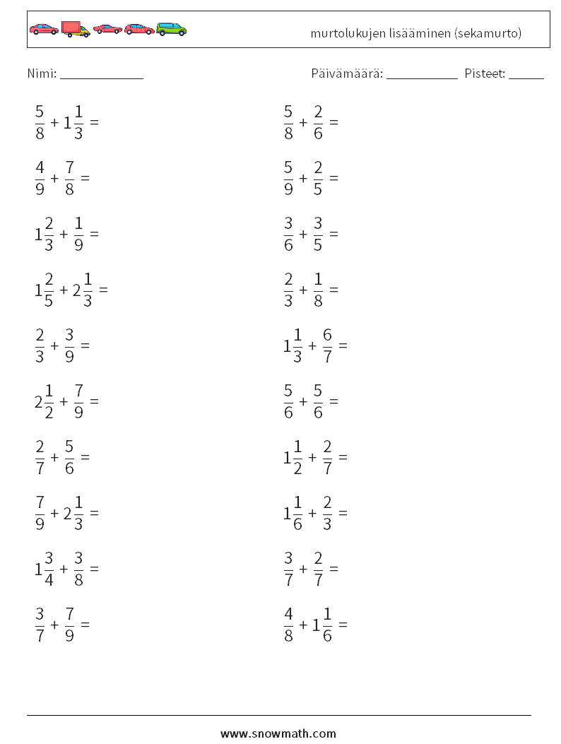 (20) murtolukujen lisääminen (sekamurto) Matematiikan laskentataulukot 15