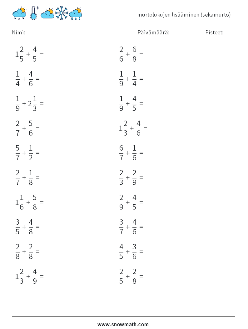 (20) murtolukujen lisääminen (sekamurto) Matematiikan laskentataulukot 16