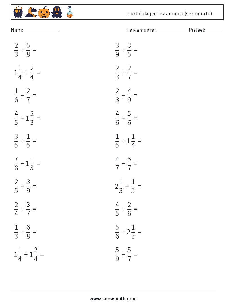 (20) murtolukujen lisääminen (sekamurto) Matematiikan laskentataulukot 17
