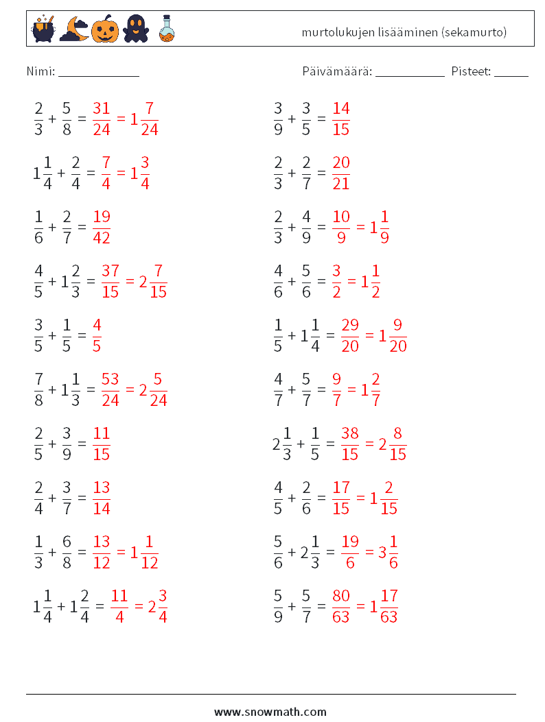 (20) murtolukujen lisääminen (sekamurto) Matematiikan laskentataulukot 17 Kysymys, vastaus