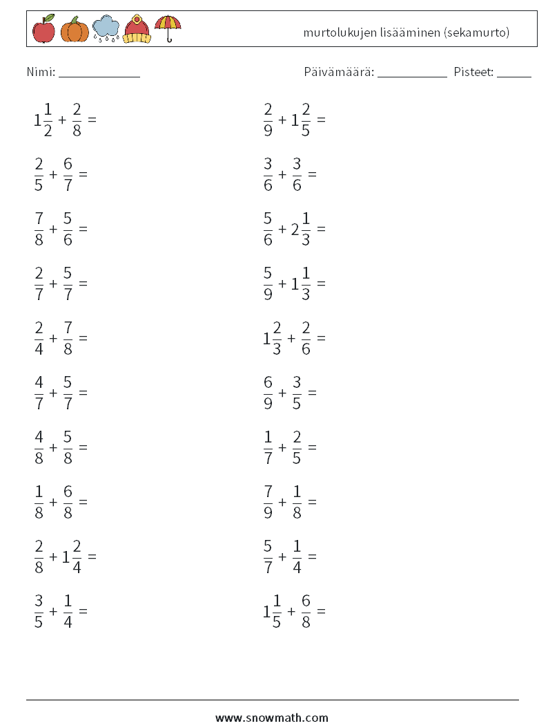 (20) murtolukujen lisääminen (sekamurto) Matematiikan laskentataulukot 18