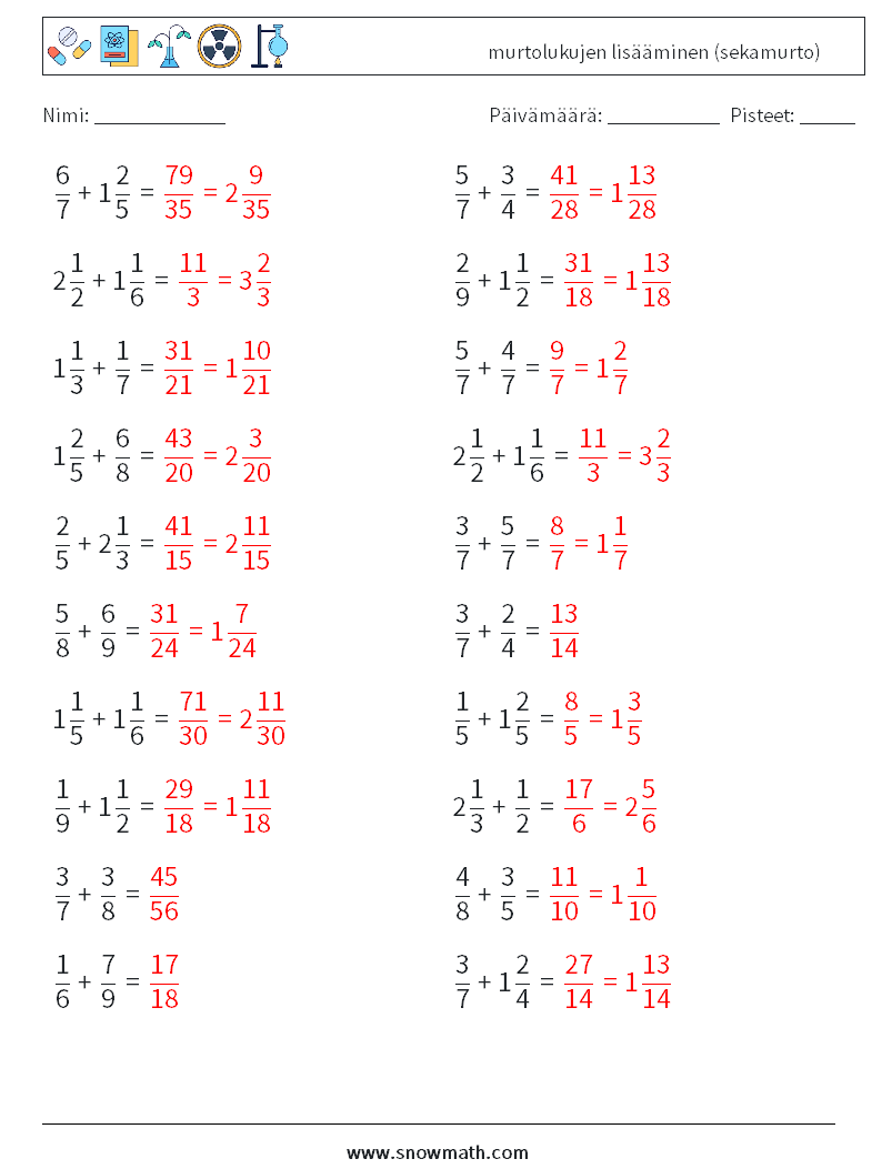 (20) murtolukujen lisääminen (sekamurto) Matematiikan laskentataulukot 2 Kysymys, vastaus