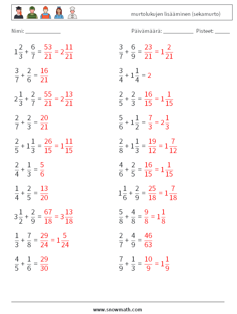 (20) murtolukujen lisääminen (sekamurto) Matematiikan laskentataulukot 3 Kysymys, vastaus