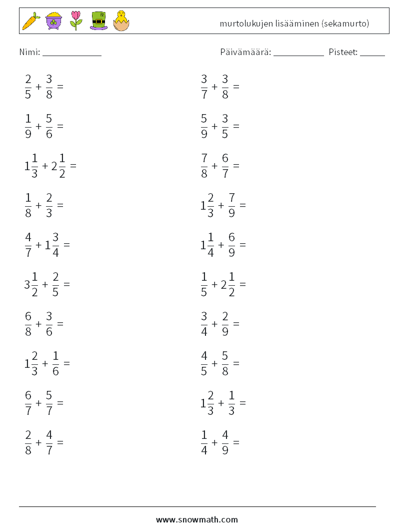 (20) murtolukujen lisääminen (sekamurto) Matematiikan laskentataulukot 4