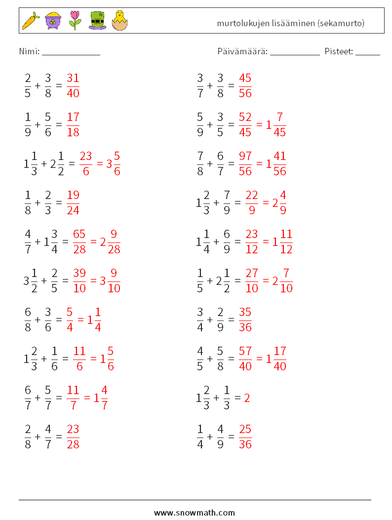 (20) murtolukujen lisääminen (sekamurto) Matematiikan laskentataulukot 4 Kysymys, vastaus