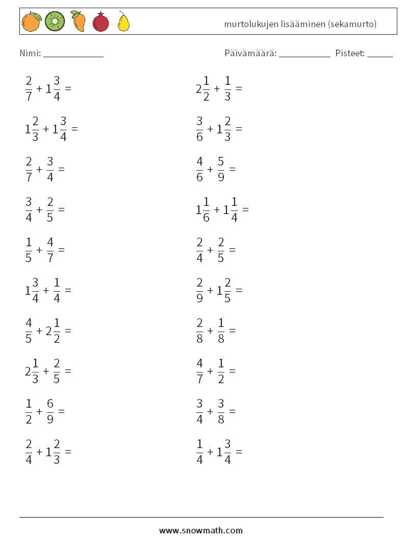 (20) murtolukujen lisääminen (sekamurto) Matematiikan laskentataulukot 5