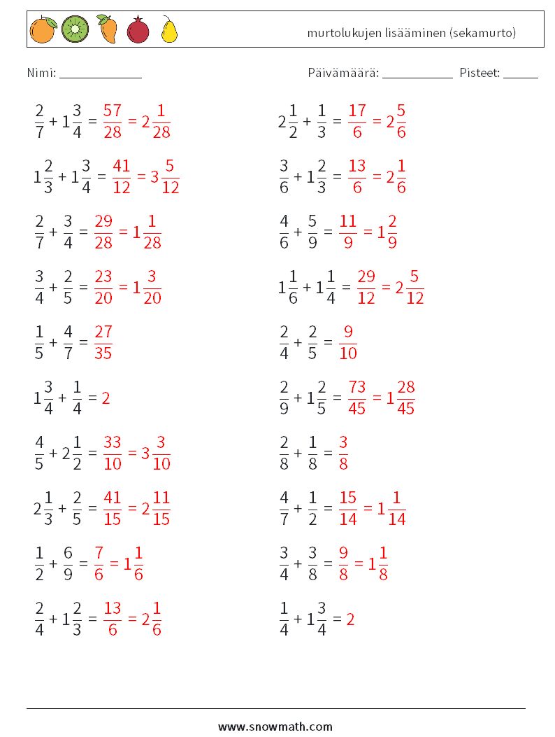 (20) murtolukujen lisääminen (sekamurto) Matematiikan laskentataulukot 5 Kysymys, vastaus