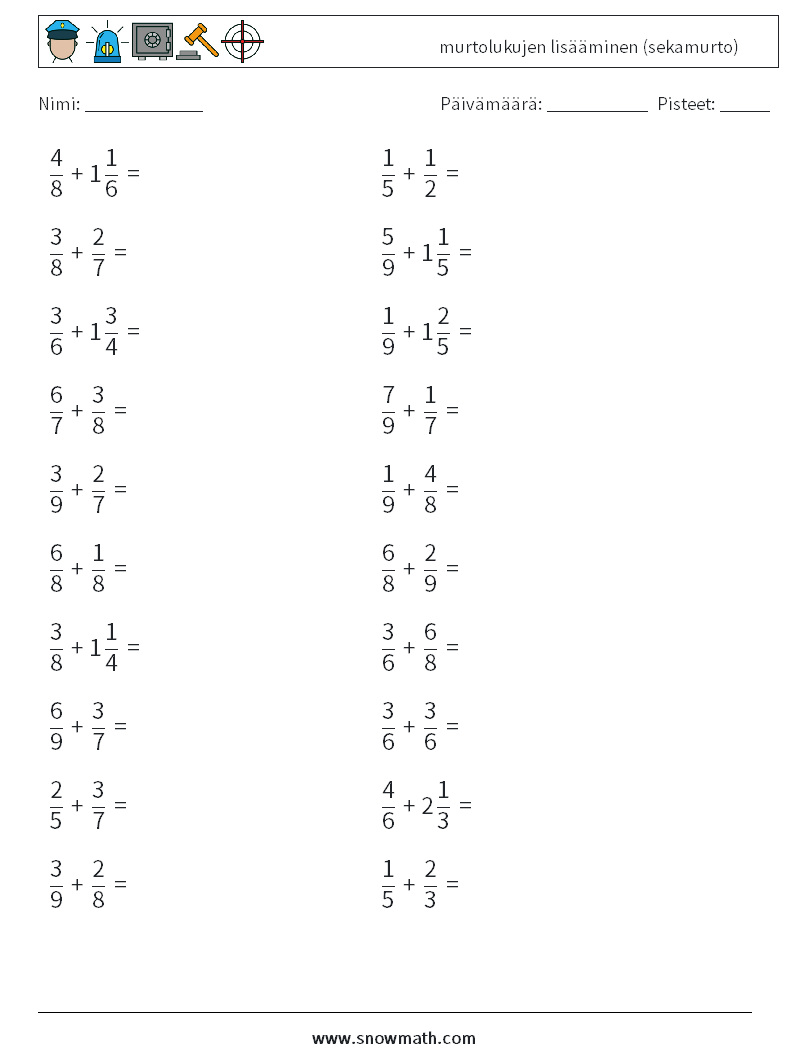 (20) murtolukujen lisääminen (sekamurto) Matematiikan laskentataulukot 6
