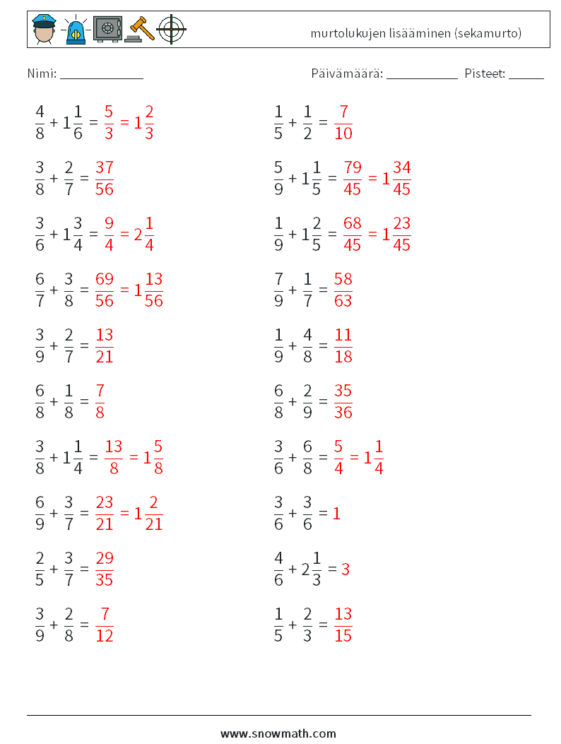 (20) murtolukujen lisääminen (sekamurto) Matematiikan laskentataulukot 6 Kysymys, vastaus