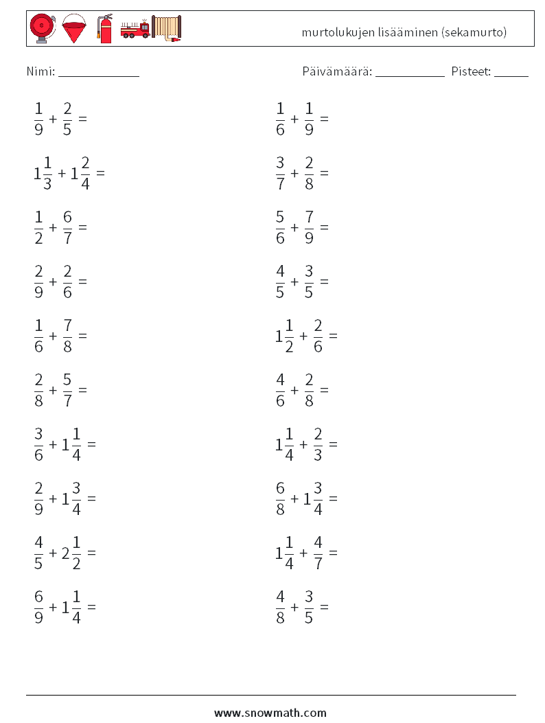 (20) murtolukujen lisääminen (sekamurto) Matematiikan laskentataulukot 7