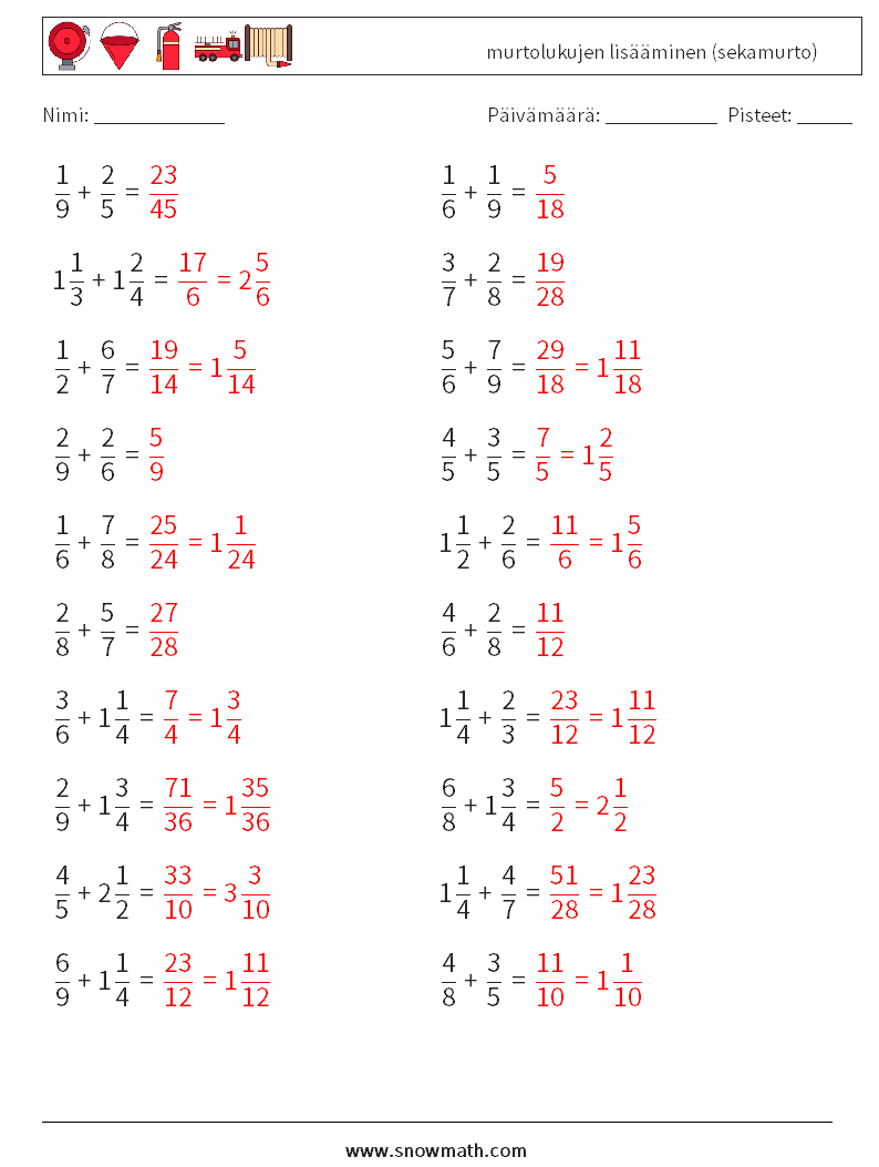 (20) murtolukujen lisääminen (sekamurto) Matematiikan laskentataulukot 7 Kysymys, vastaus