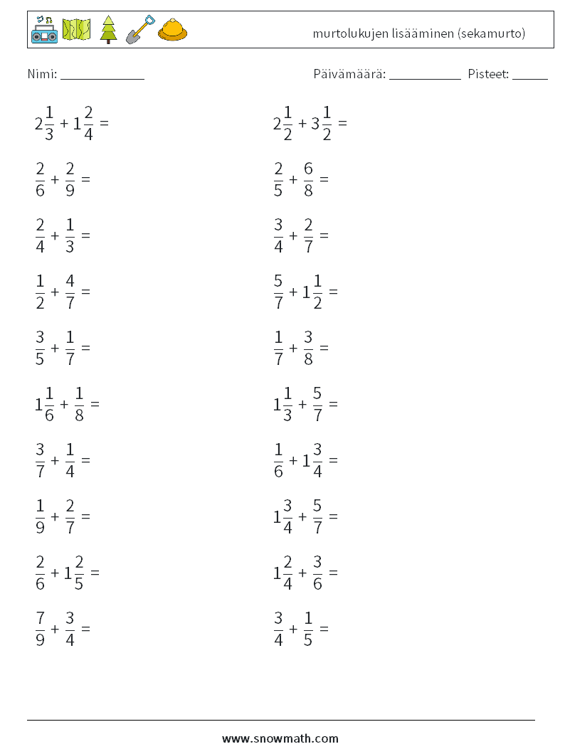 (20) murtolukujen lisääminen (sekamurto) Matematiikan laskentataulukot 8