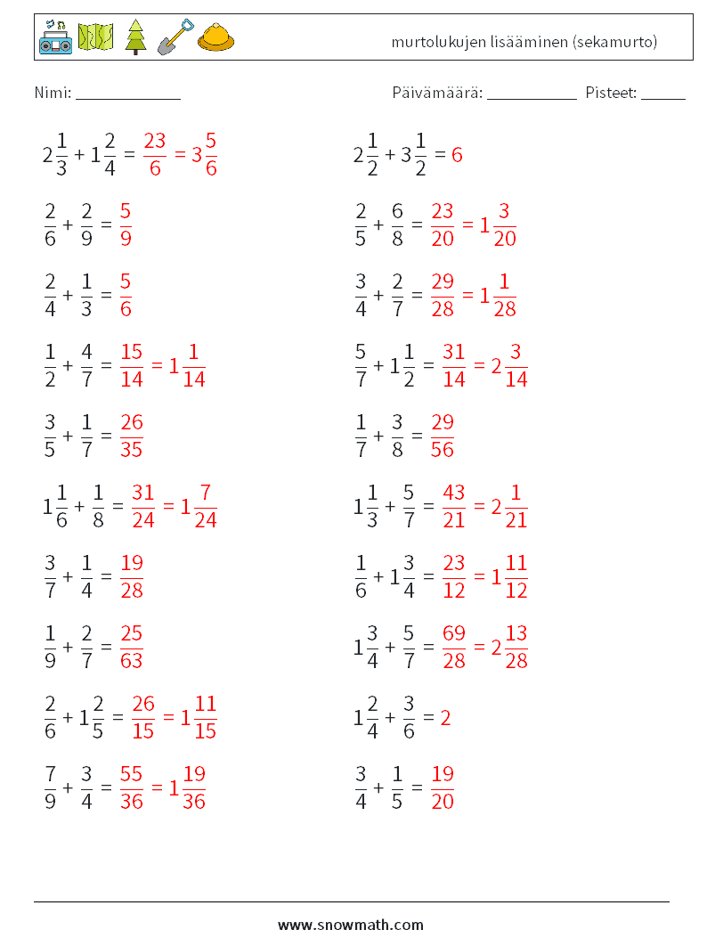 (20) murtolukujen lisääminen (sekamurto) Matematiikan laskentataulukot 8 Kysymys, vastaus