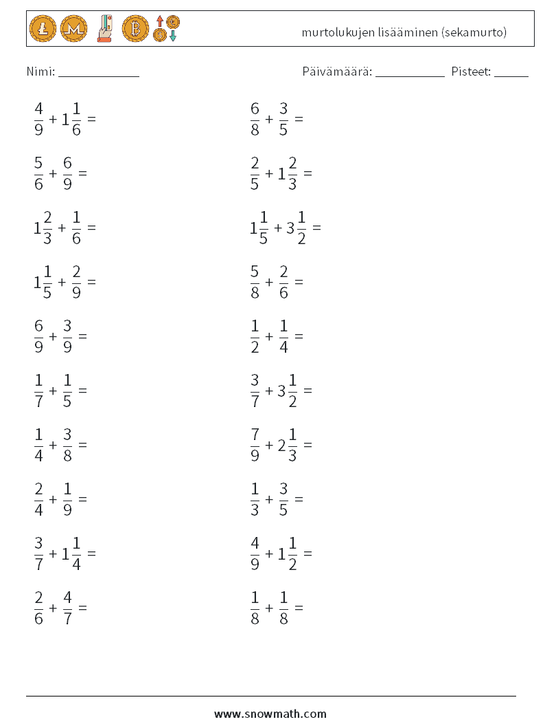 (20) murtolukujen lisääminen (sekamurto) Matematiikan laskentataulukot 9
