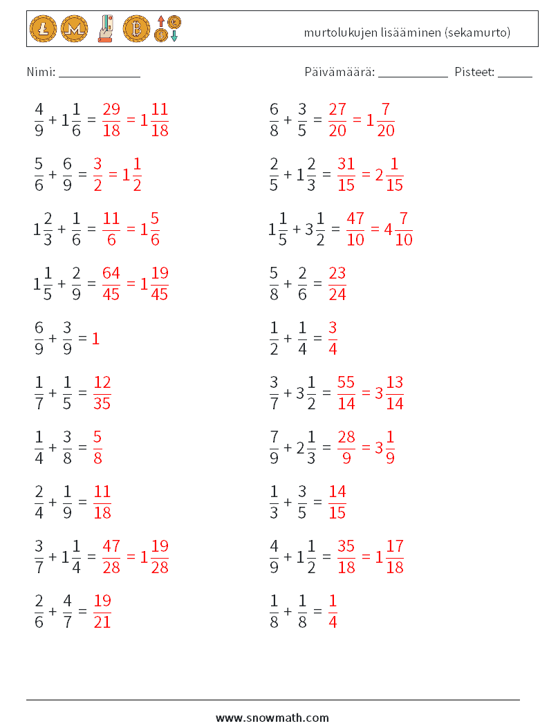 (20) murtolukujen lisääminen (sekamurto) Matematiikan laskentataulukot 9 Kysymys, vastaus