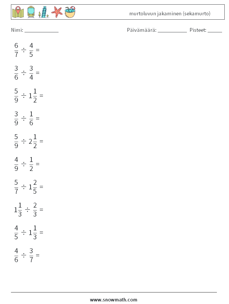 (10) murtoluvun jakaminen (sekamurto) Matematiikan laskentataulukot 10