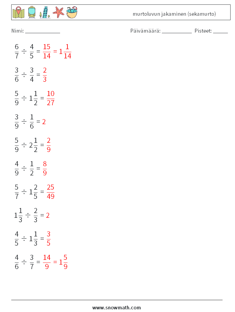 (10) murtoluvun jakaminen (sekamurto) Matematiikan laskentataulukot 10 Kysymys, vastaus