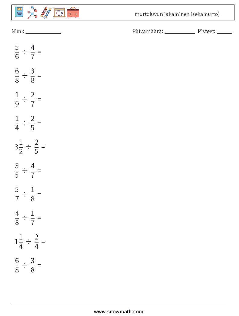 (10) murtoluvun jakaminen (sekamurto) Matematiikan laskentataulukot 11