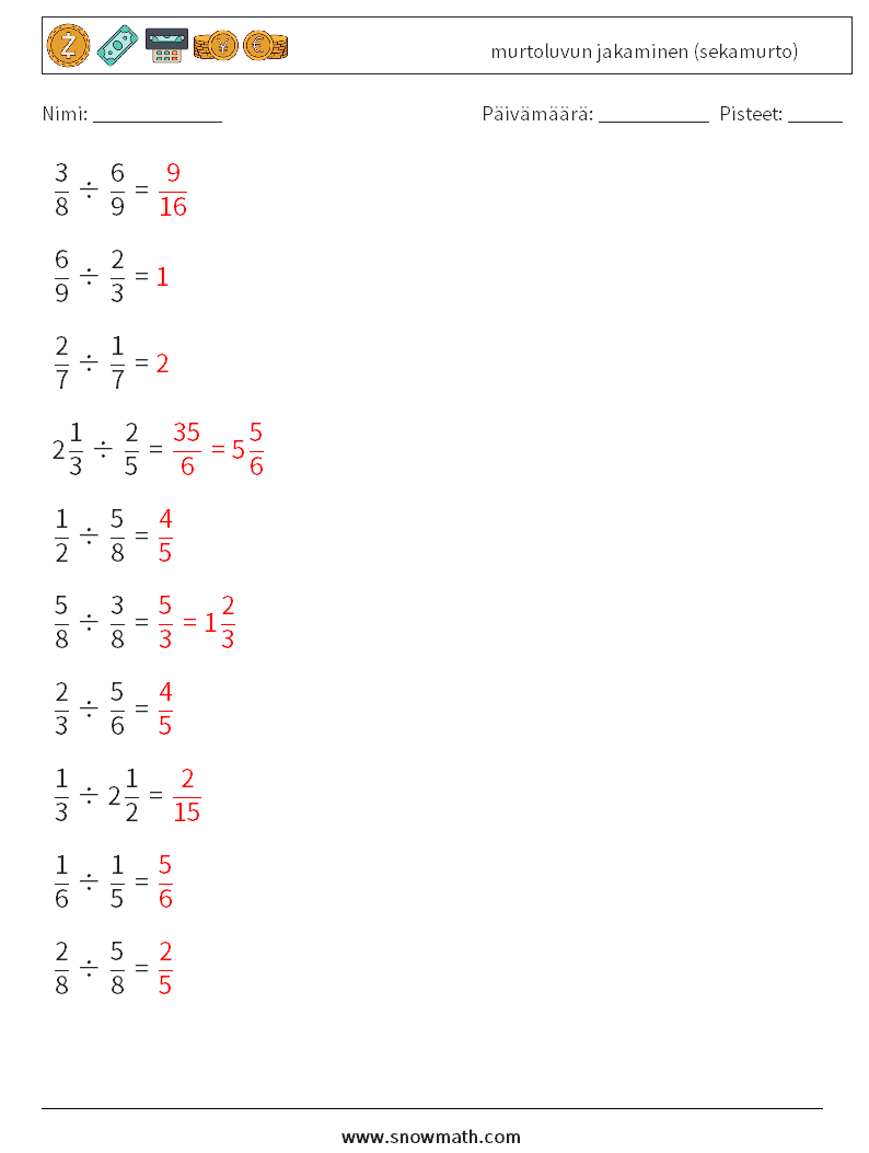 (10) murtoluvun jakaminen (sekamurto) Matematiikan laskentataulukot 12 Kysymys, vastaus