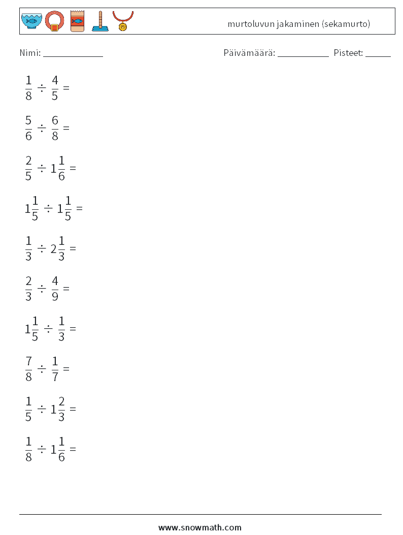 (10) murtoluvun jakaminen (sekamurto) Matematiikan laskentataulukot 13