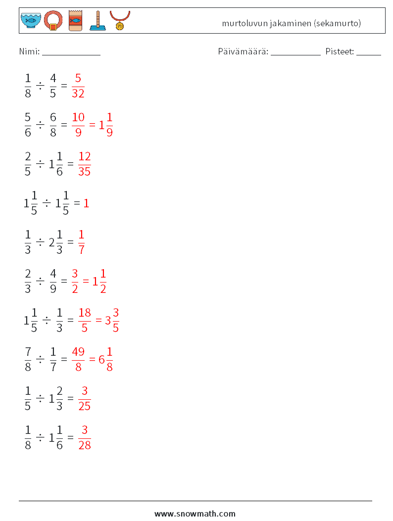 (10) murtoluvun jakaminen (sekamurto) Matematiikan laskentataulukot 13 Kysymys, vastaus