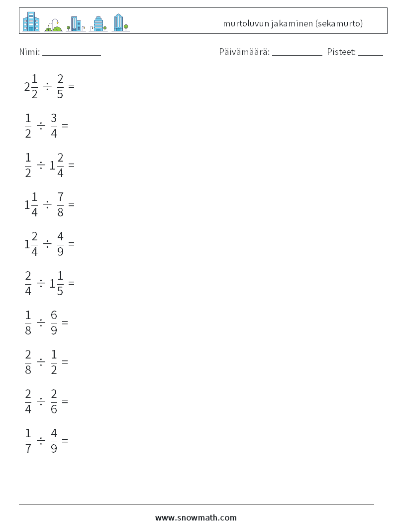 (10) murtoluvun jakaminen (sekamurto) Matematiikan laskentataulukot 15