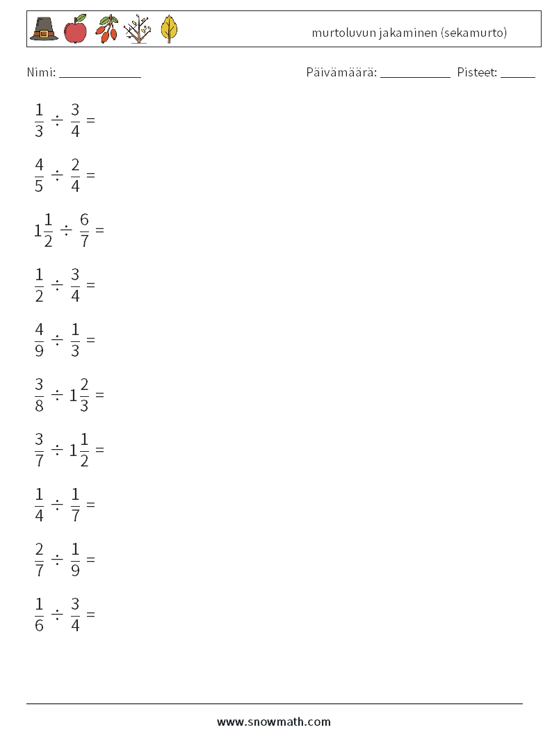 (10) murtoluvun jakaminen (sekamurto) Matematiikan laskentataulukot 17