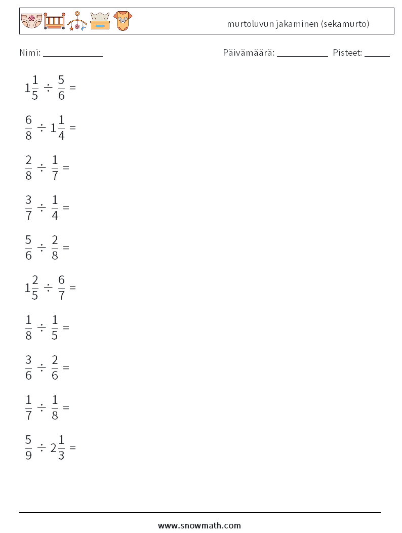 (10) murtoluvun jakaminen (sekamurto) Matematiikan laskentataulukot 18