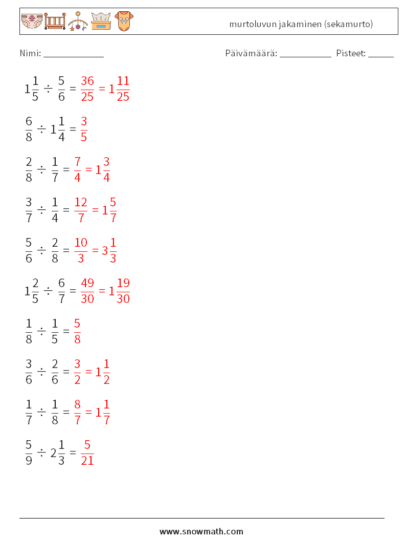 (10) murtoluvun jakaminen (sekamurto) Matematiikan laskentataulukot 18 Kysymys, vastaus