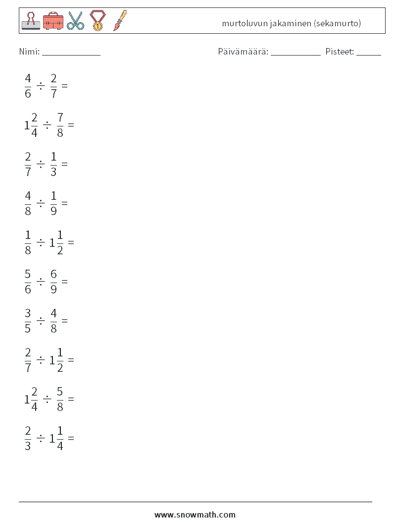 (10) murtoluvun jakaminen (sekamurto) Matematiikan laskentataulukot 3