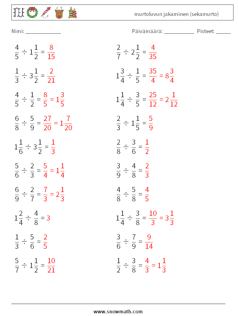 (20) murtoluvun jakaminen (sekamurto) Matematiikan laskentataulukot 10 Kysymys, vastaus