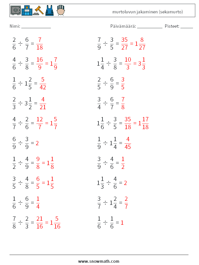 (20) murtoluvun jakaminen (sekamurto) Matematiikan laskentataulukot 11 Kysymys, vastaus