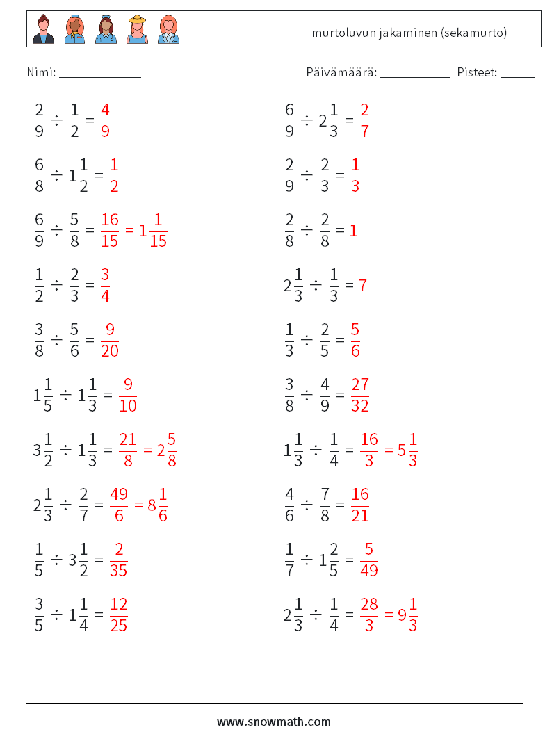(20) murtoluvun jakaminen (sekamurto) Matematiikan laskentataulukot 12 Kysymys, vastaus