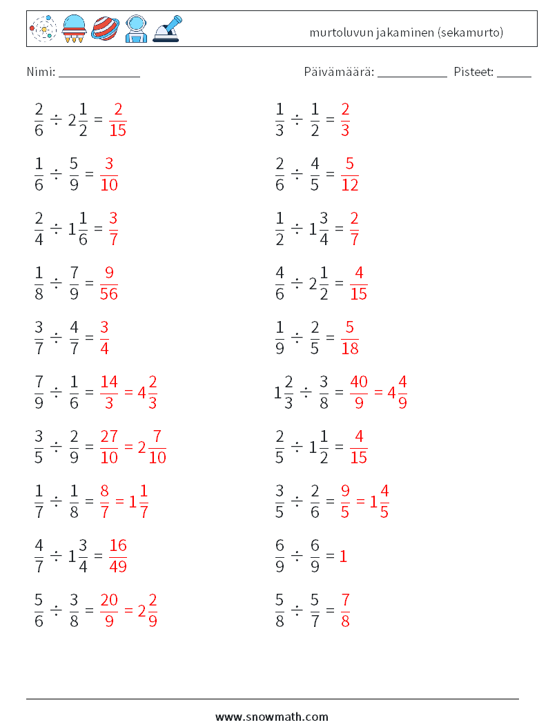 (20) murtoluvun jakaminen (sekamurto) Matematiikan laskentataulukot 13 Kysymys, vastaus