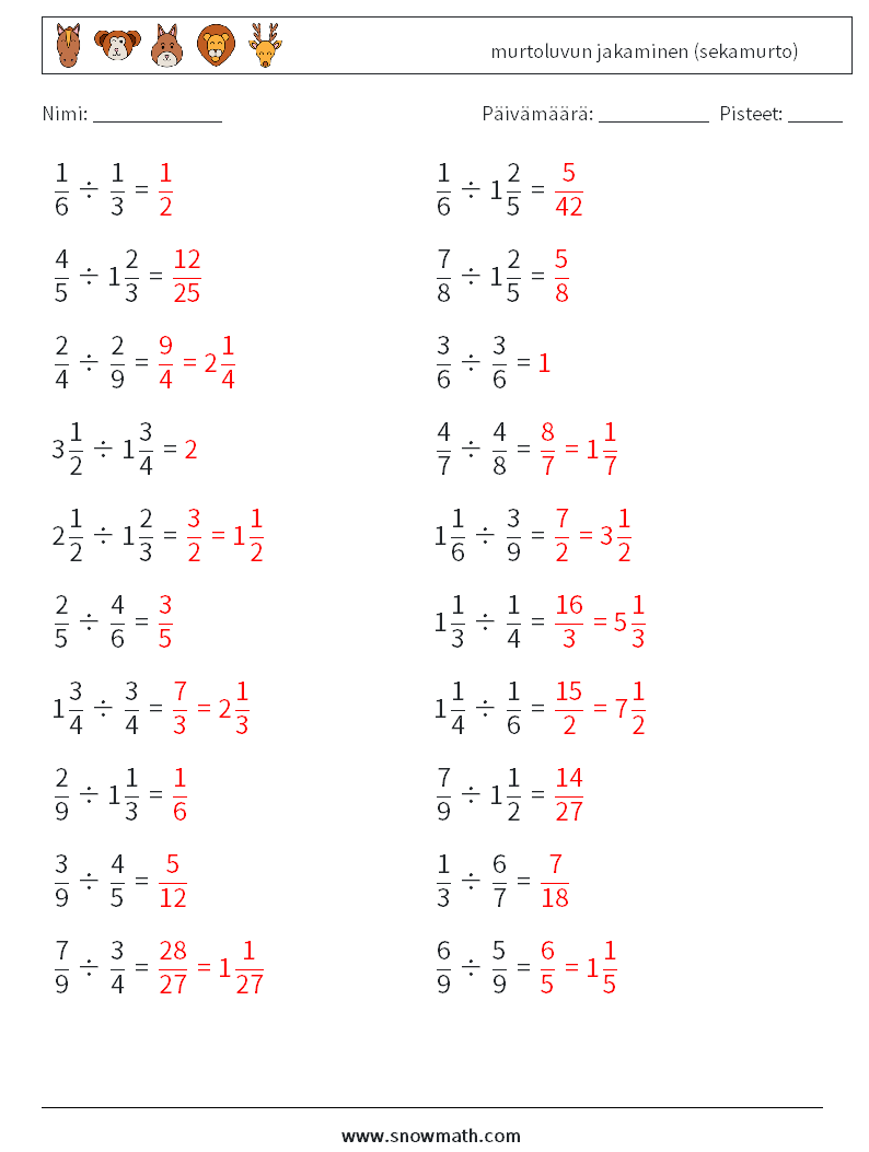 (20) murtoluvun jakaminen (sekamurto) Matematiikan laskentataulukot 18 Kysymys, vastaus