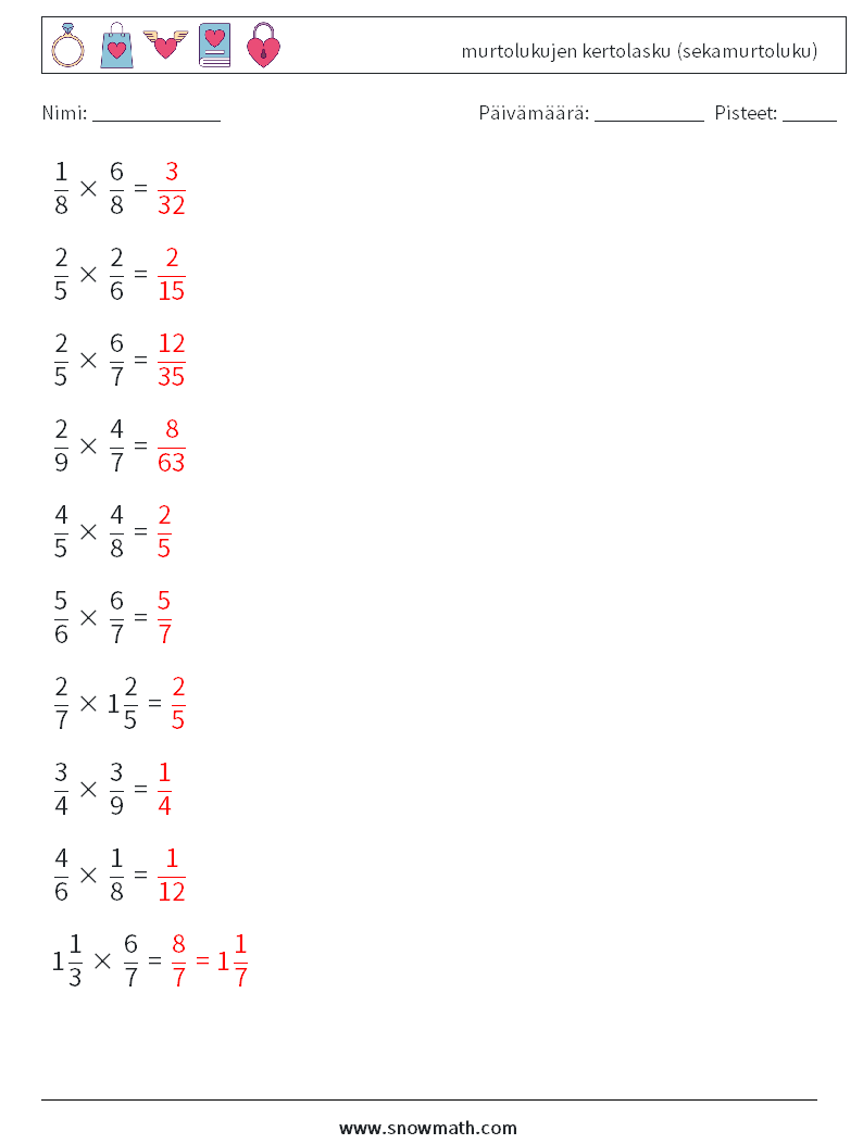 (10) murtolukujen kertolasku (sekamurtoluku) Matematiikan laskentataulukot 10 Kysymys, vastaus