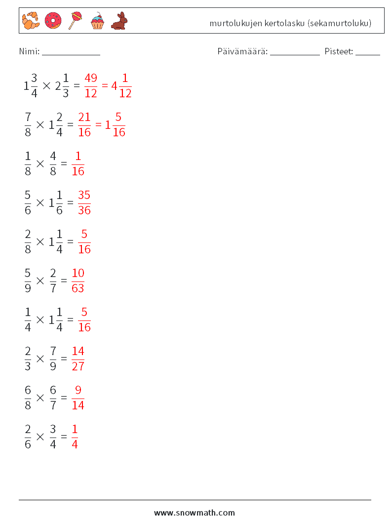 (10) murtolukujen kertolasku (sekamurtoluku) Matematiikan laskentataulukot 11 Kysymys, vastaus