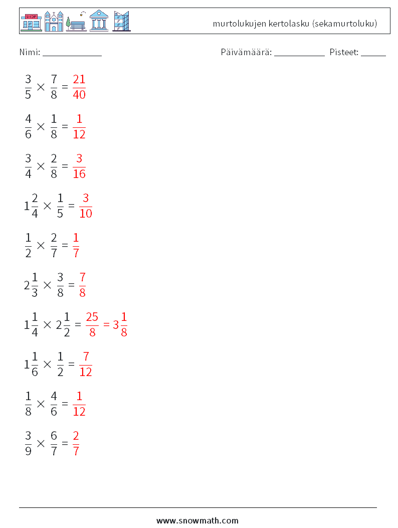 (10) murtolukujen kertolasku (sekamurtoluku) Matematiikan laskentataulukot 12 Kysymys, vastaus