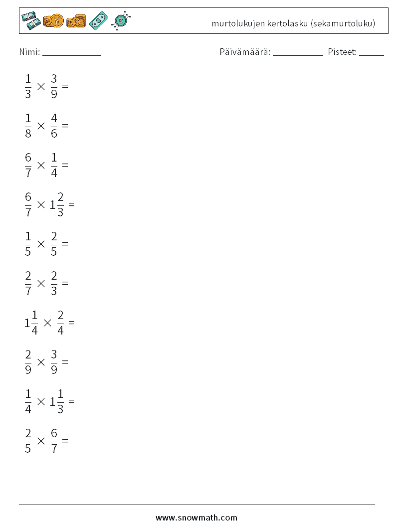(10) murtolukujen kertolasku (sekamurtoluku) Matematiikan laskentataulukot 13