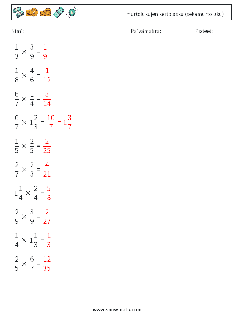 (10) murtolukujen kertolasku (sekamurtoluku) Matematiikan laskentataulukot 13 Kysymys, vastaus