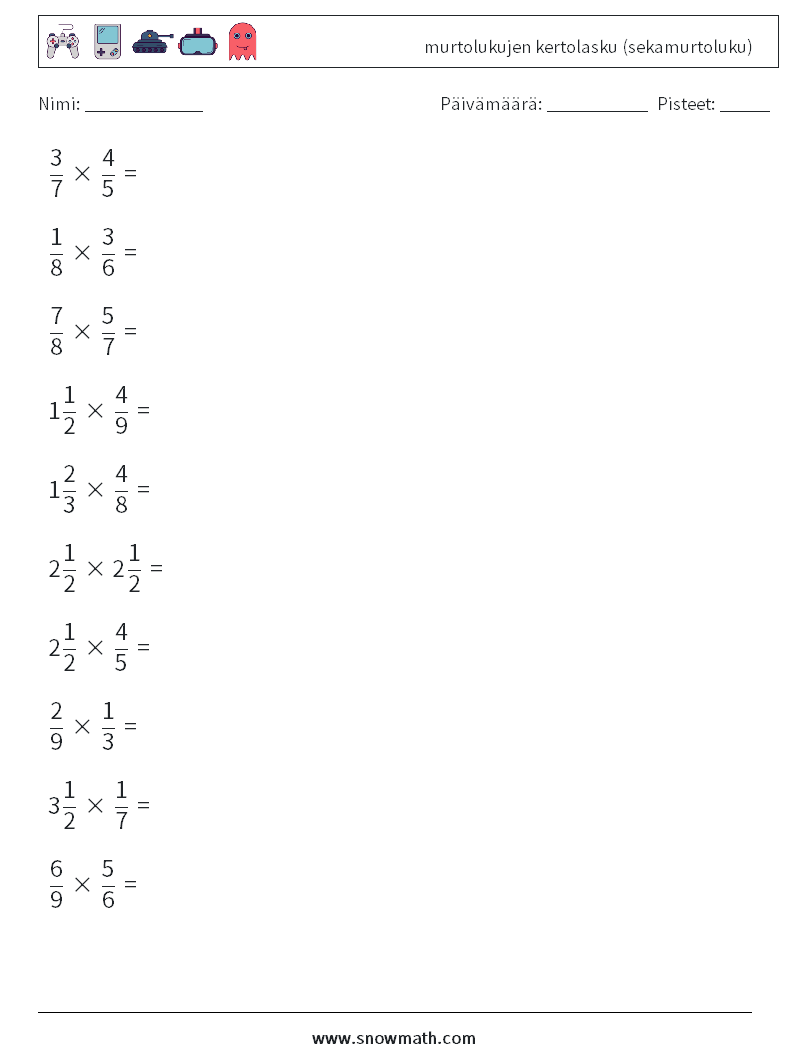 (10) murtolukujen kertolasku (sekamurtoluku) Matematiikan laskentataulukot 15