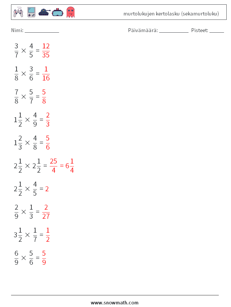 (10) murtolukujen kertolasku (sekamurtoluku) Matematiikan laskentataulukot 15 Kysymys, vastaus